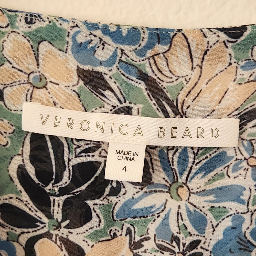 Veronica Beard Silk Dress Maggie Floral Print 3/4 Sleeve Shirred Mini Blue Sz 4 - Picture 2 of 16